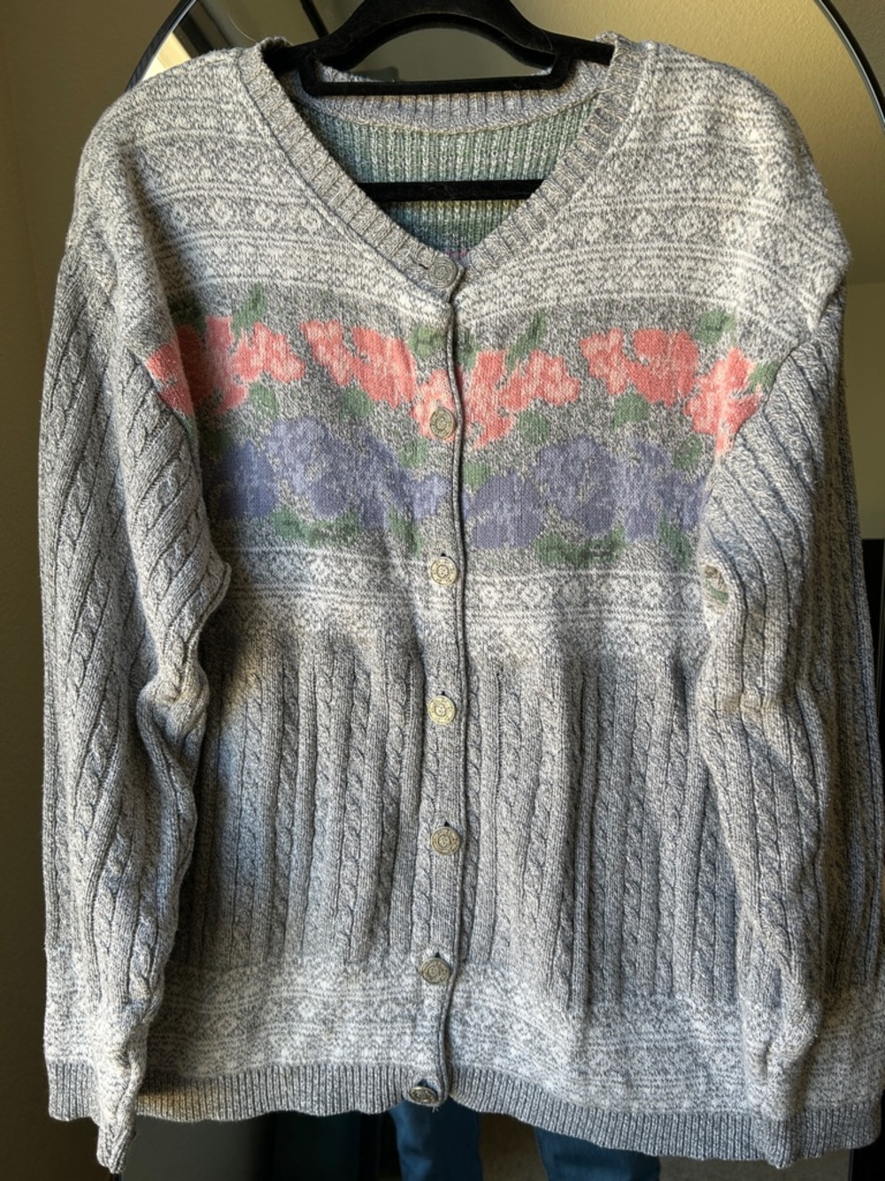 Oversized Heather Gray Floral Knit Button Cardigan